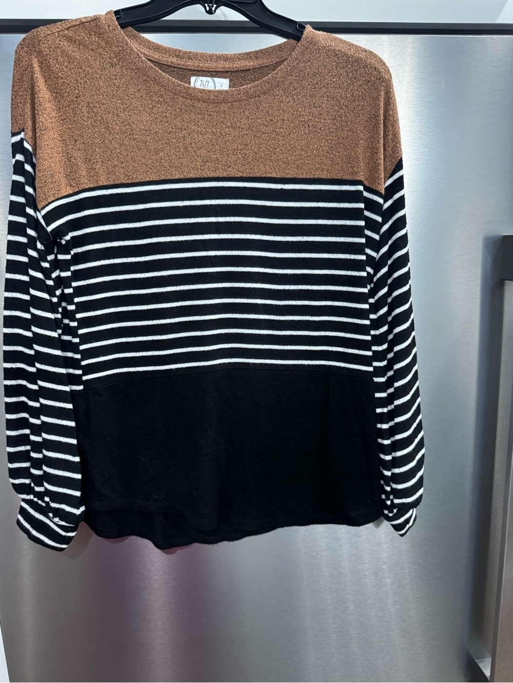 Maurices Black, White & Brown Stripe Colorblock Crew Sweater